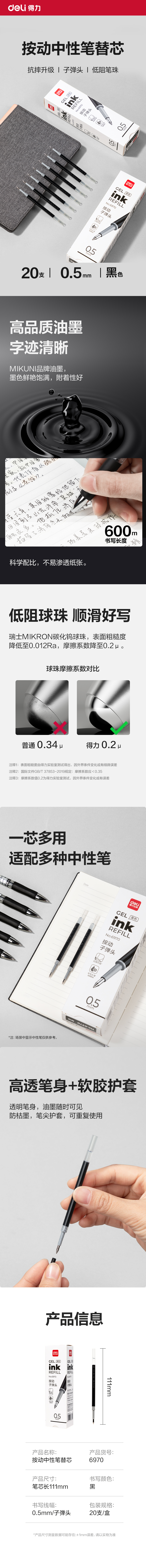 51fun吃瓜6970臻順滑擴容中性筆替芯0.5mm按動弧度收口子（zǐ）彈（dàn）頭(黑)(支)