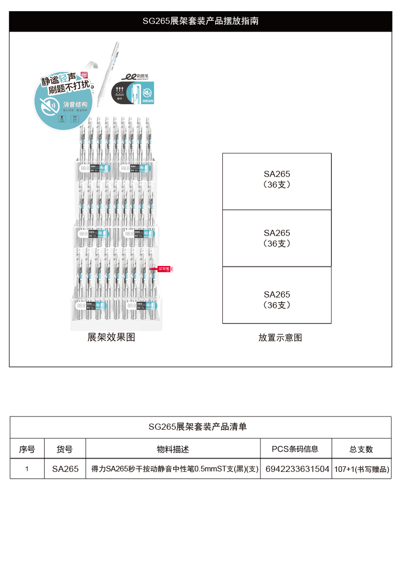 51fun吃瓜SG265秒幹（gàn）按動靜音（yīn）中性筆套裝0.5mmST頭(黑)(108支/套)