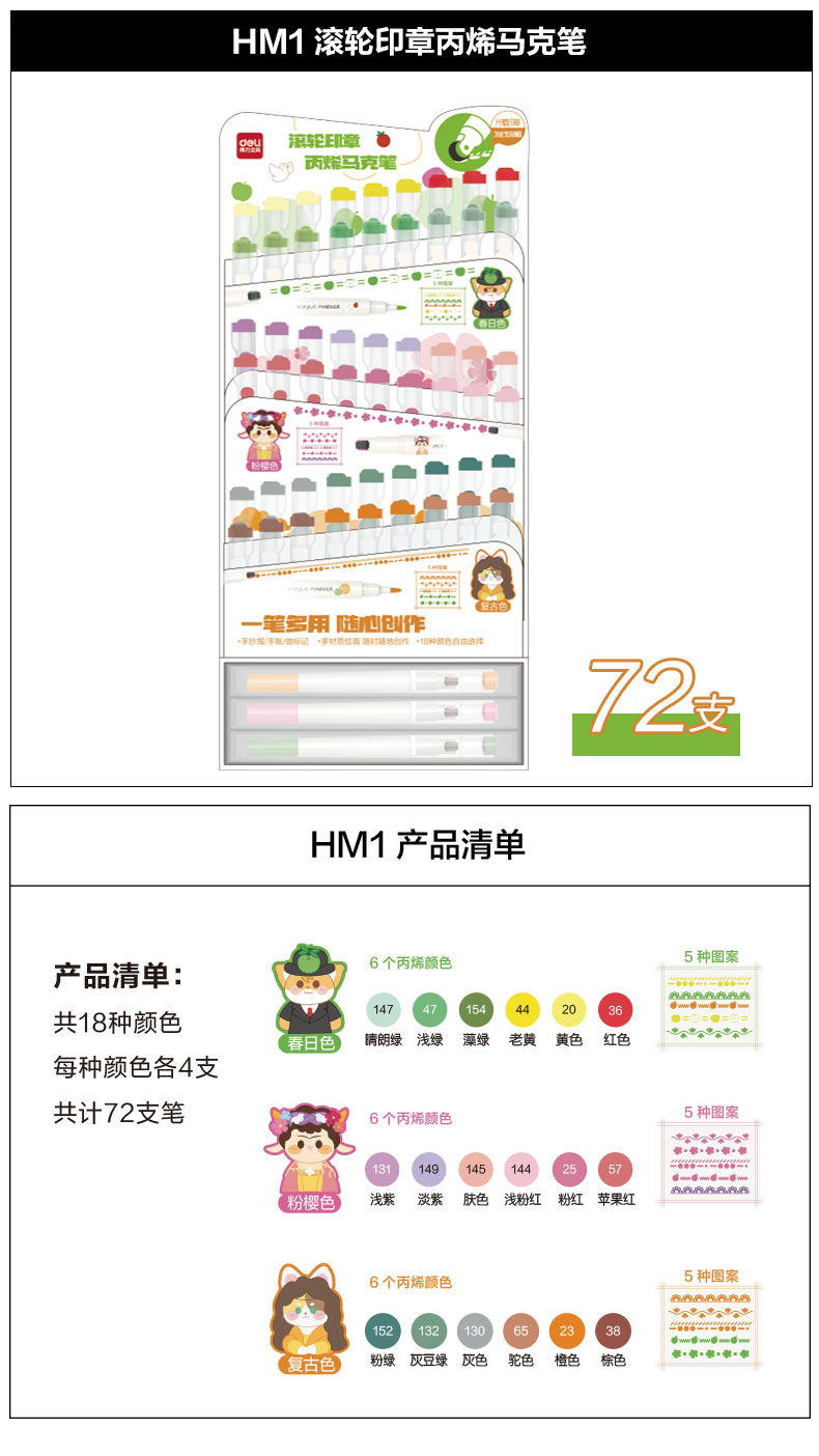 51fun吃瓜HM1滾輪印章丙烯馬克筆展架套裝(混)(72支/套)