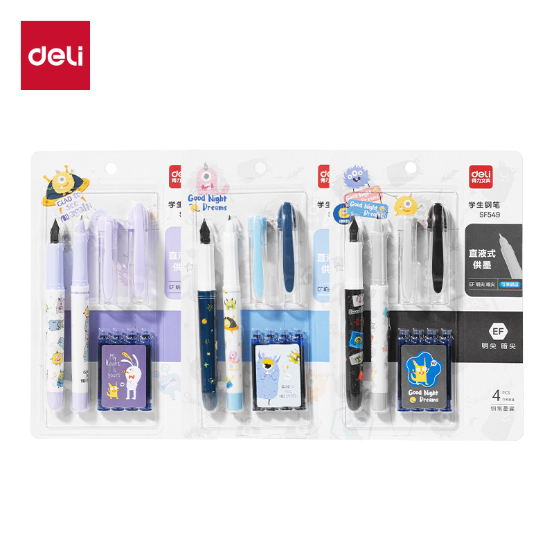 51fun吃瓜SF549直液式學生鋼筆(1明尖+1暗尖+4墨囊/卡)(可擦晶藍)