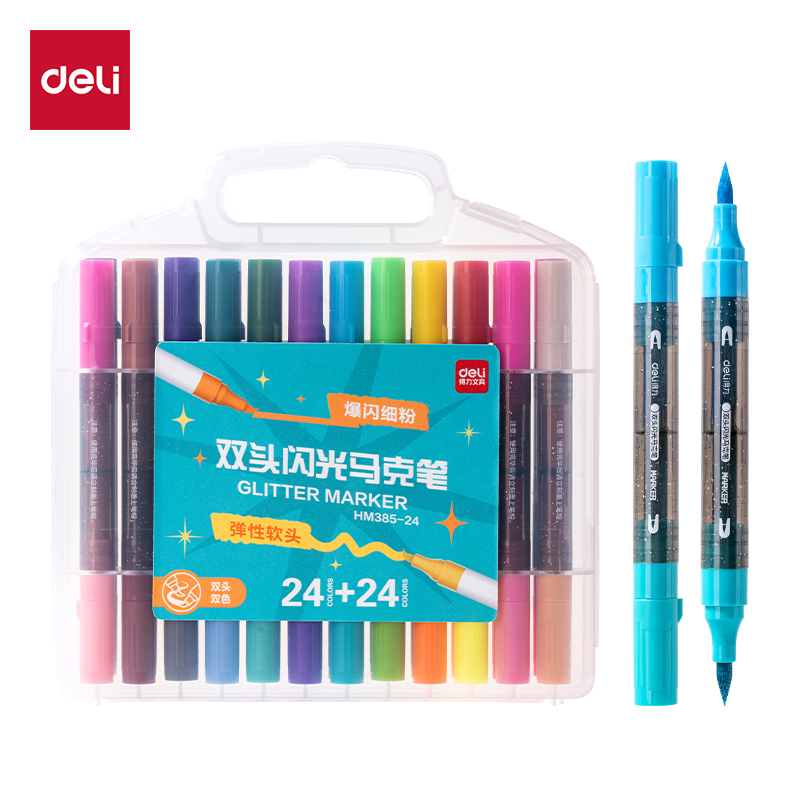 51fun吃瓜HM385-24PP盒雙頭雙色軟繪閃光馬克筆(混)(48色/盒)