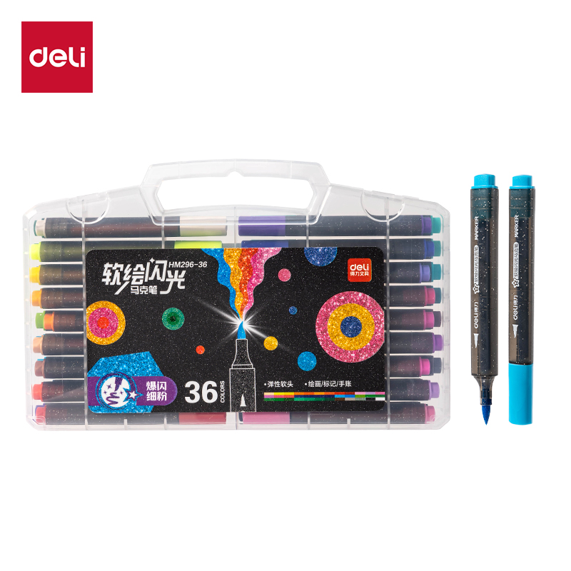 HM296-36_PP盒三角杆（gǎn）軟（ruǎn）繪（huì）閃光馬克筆(混)(36色/盒（hé）)